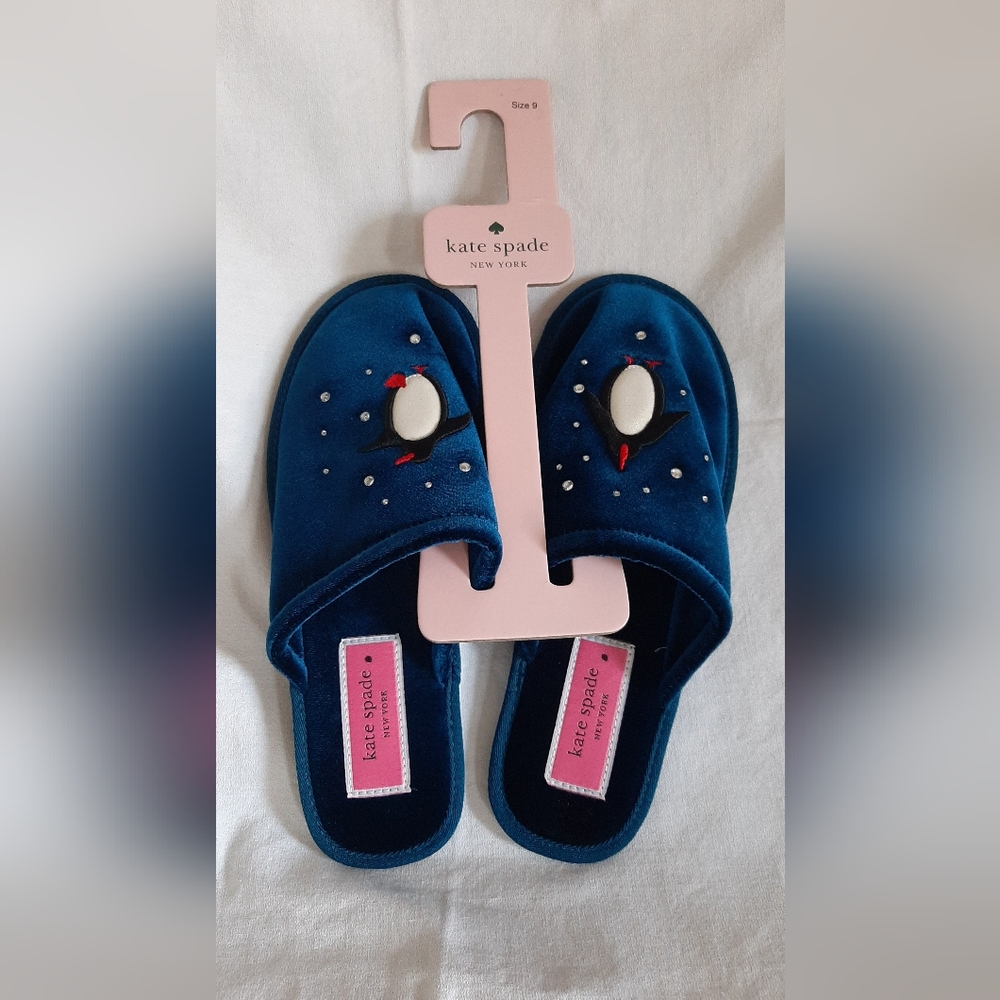 NWT Kate Spade Jolie New York Penguin Slippers Sz 9 Navy Velvet Rhinestones